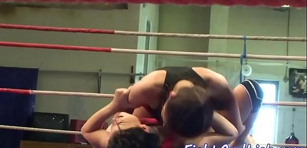  Wrestling lesbian toyed in a boxing ring